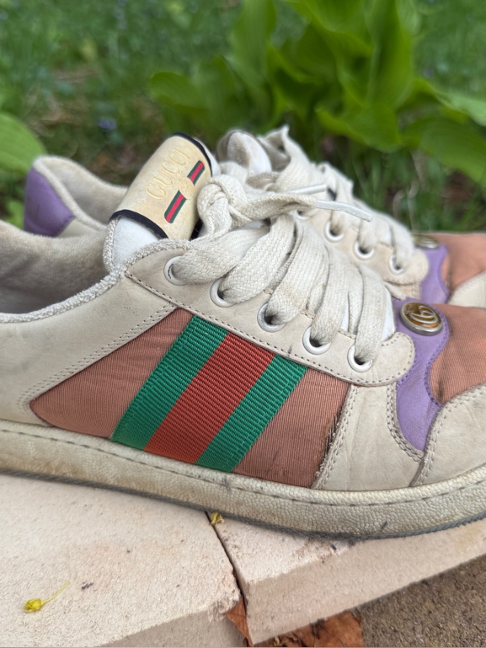 Gucci Beige Cream Sneakers with Green & Red Web and Purple Accents